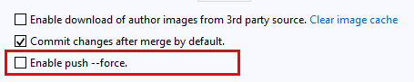Visual Studio 2019 のチーム エクスプローラーでリースでプッシュ強制を有効にするチェック ボックスを示すスクリーンショット。