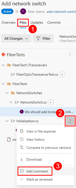 Azure Repos の PR の [ファイル] タブにあるファイル ツリーのコンテキスト メニューのスクリーンショット。