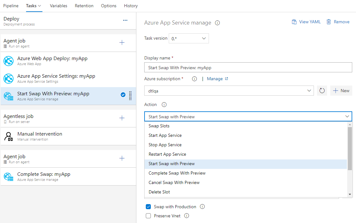 [アクション] ドロップダウン リストの新しいマルチフェーズ スワップ設定を含む [Azure App Service 管理] ダイアログ ボックスを示すスクリーンショット。