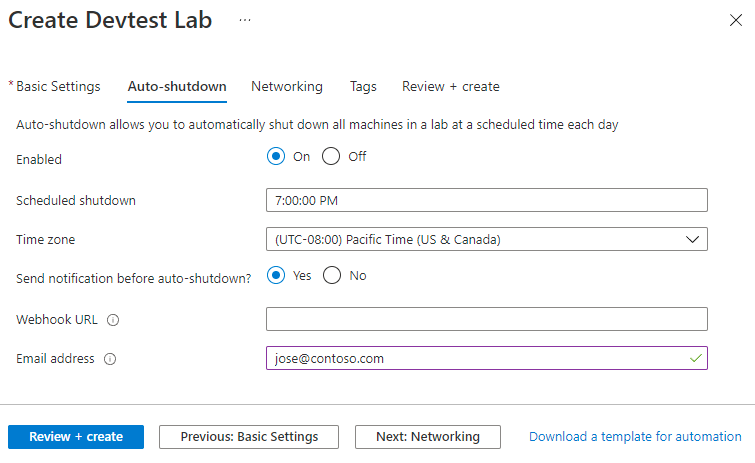DevTest Labs 作成フォームの [自動シャットダウン] タブのスクリーンショット。