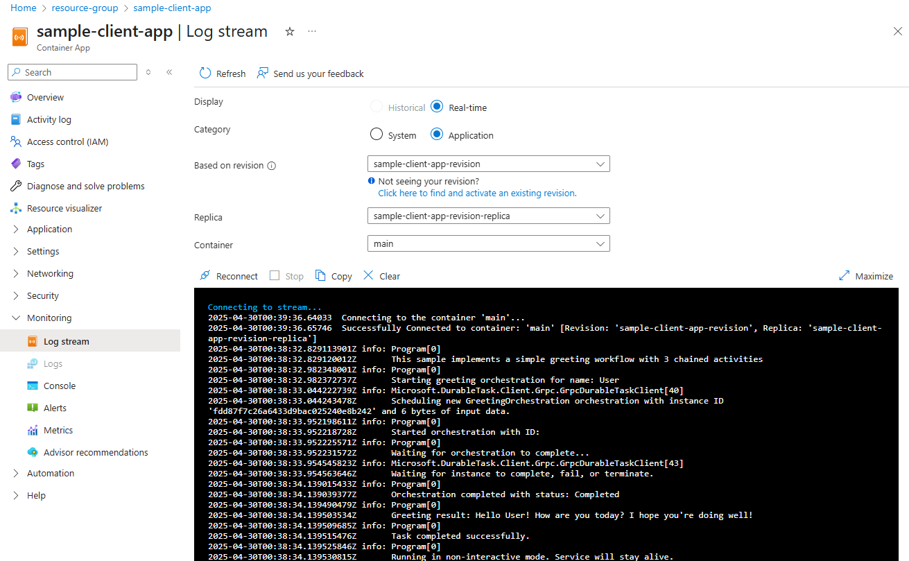Azure portal でのクライアント コンテナーのログ ストリームのスクリーンショット。