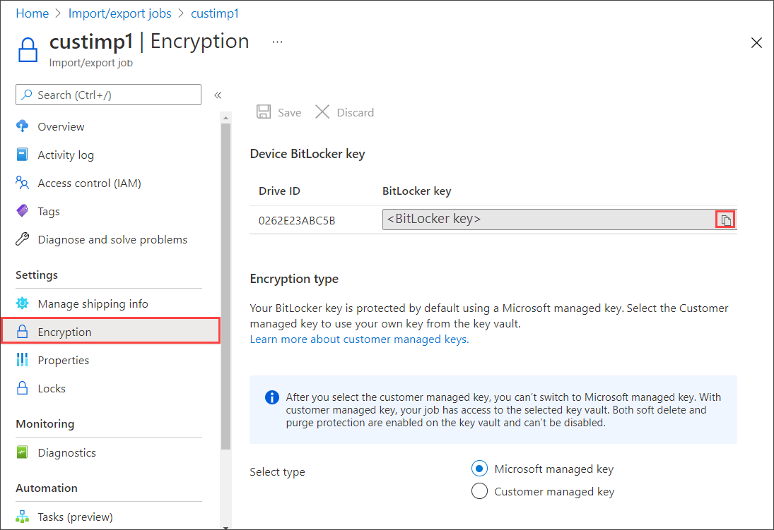 Azure Import Export Jobs のエクスポート ジョブの [暗号化] ブレードのスクリーンショット。キーの [暗号化] メニュー項目と [コピー] ボタンが強調表示されています。