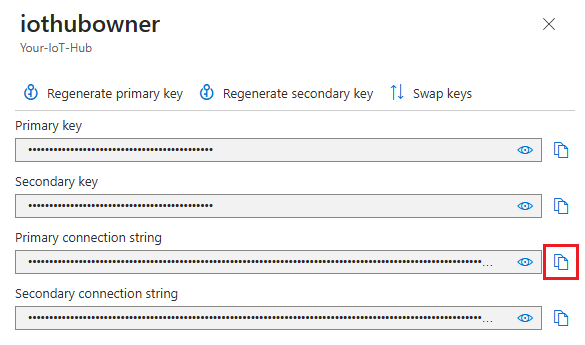 Azure portal で IoT ハブの iothubowner ポリシーのプライマリ接続文字列をコピーする方法を示すスクリーンショット。
