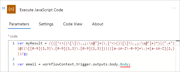 標準ロジック アプリワークフロー、JavaScript コードの実行アクション、および名前が変更された Body プロパティを、セミコロンで閉じて示すスクリーンショット。