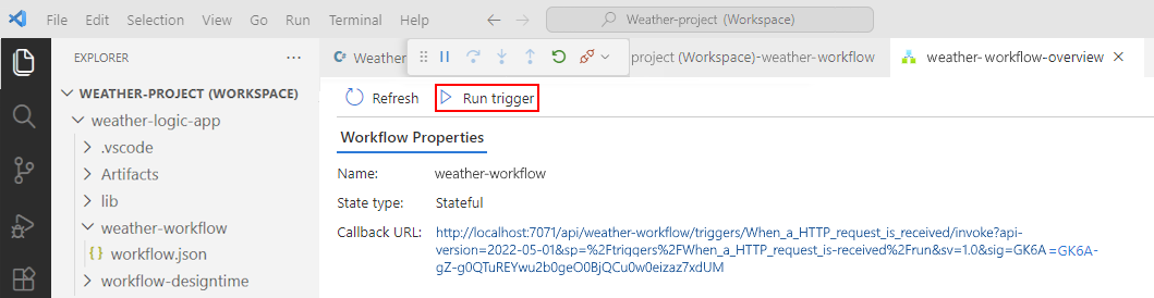 画面には、Visual Studio Codeとワークフローの開かれた概要ページが表示されます。