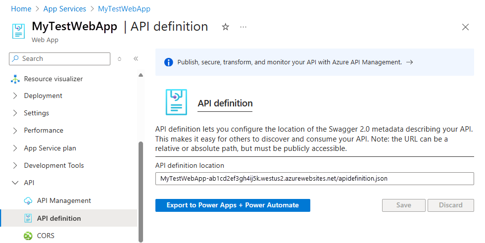 Azure portal、Web アプリの API 定義ページ、API の Swagger ドキュメントの URL を示すスクリーンショット。