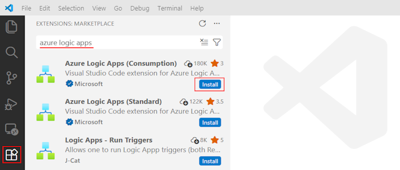 Visual Studio Marketplace で Azure Logic Apps Consumption 拡張機能を見つけてインストールする方法を示すスクリーンショット。