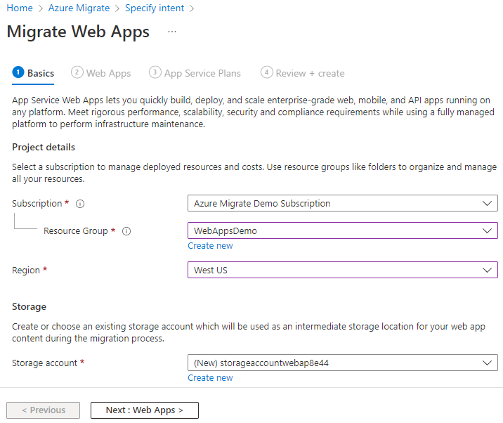 Azure Migrate Web Apps の [基本] 画面のスクリーンショット。