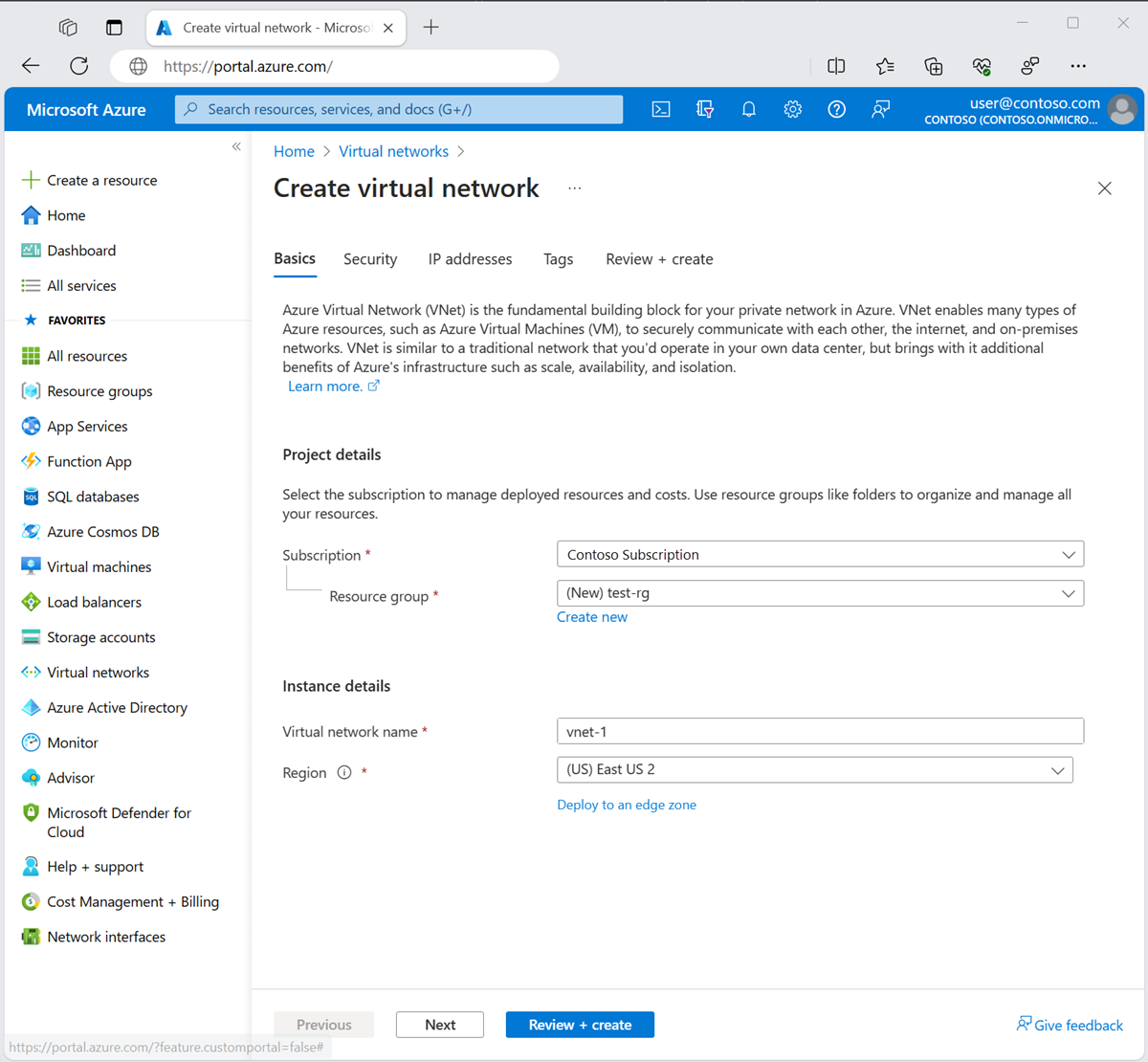 Azure portal の [仮想ネットワークの作成] の [基本] タブを示すスクリーンショット。