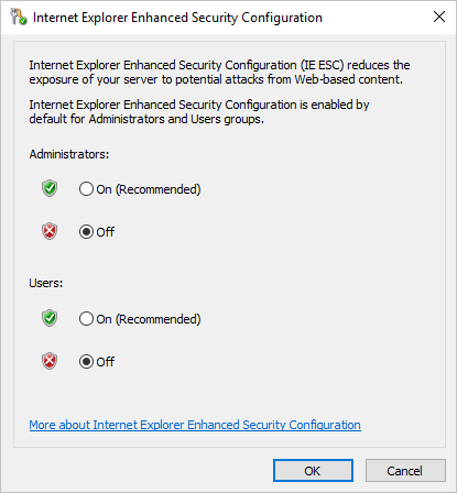 [Internet Explorer のセキュリティ強化の構成] ダイアログで [オフ] オプションが選択されているスクリーンショット。