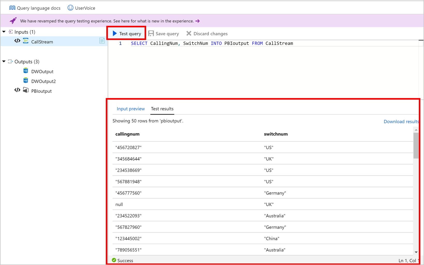 [テスト結果] タブAzure Stream Analyticsテスト クエリ結果のスクリーンショット。