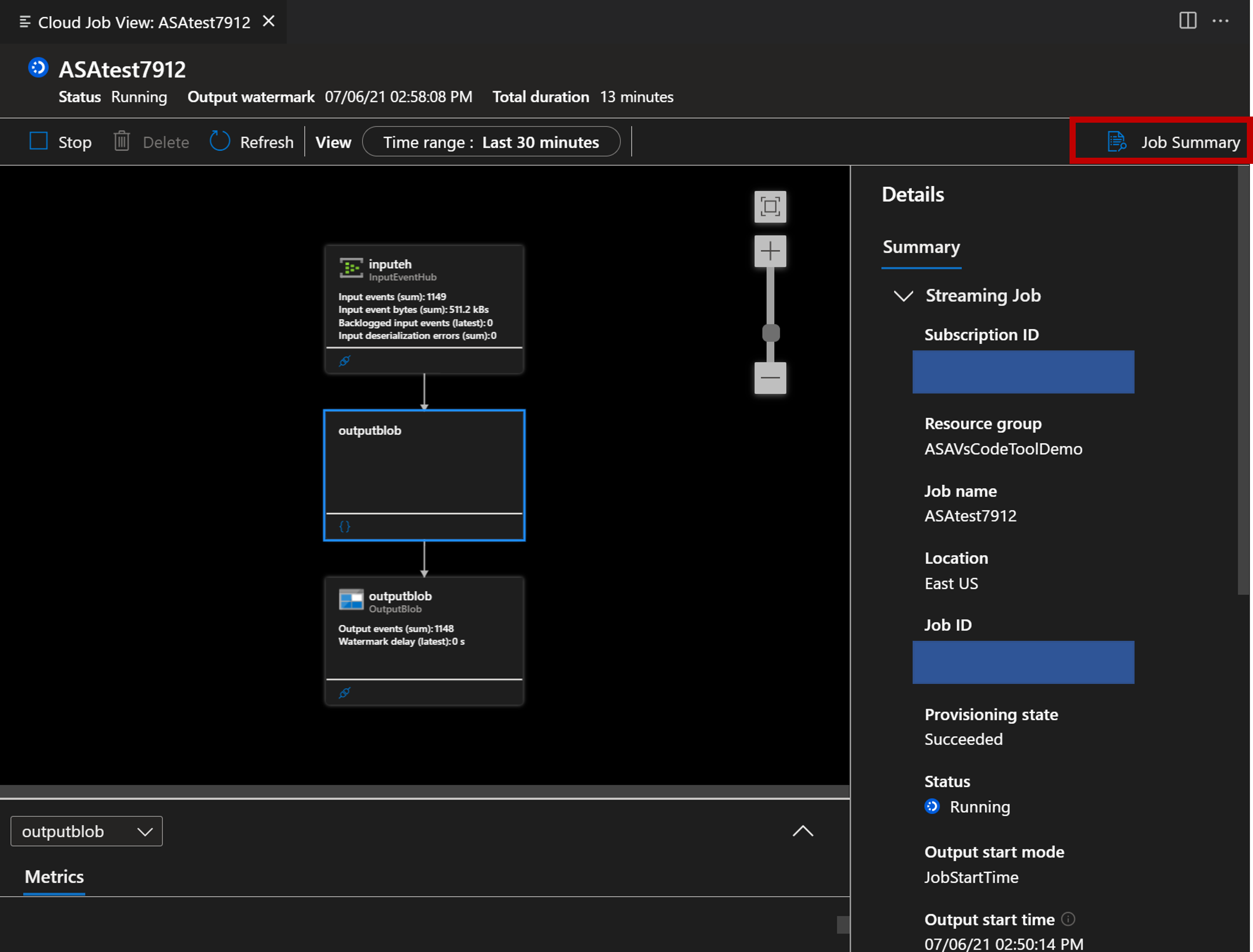 ジョブの概要を表示している VS Code 拡張機能のスクリーンショット。