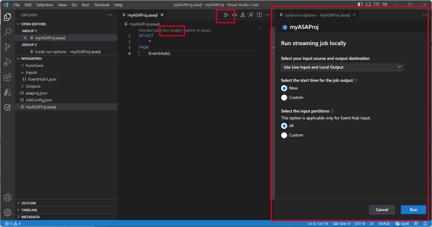 クエリ エディターで [Run locally] を選択している VS Code 拡張機能のスクリーンショット。