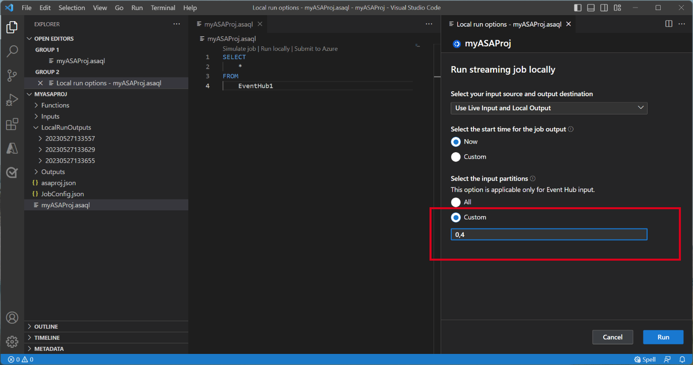 イベント ハブ パーティションを指定する VS Code 拡張機能のスクリーンショット。