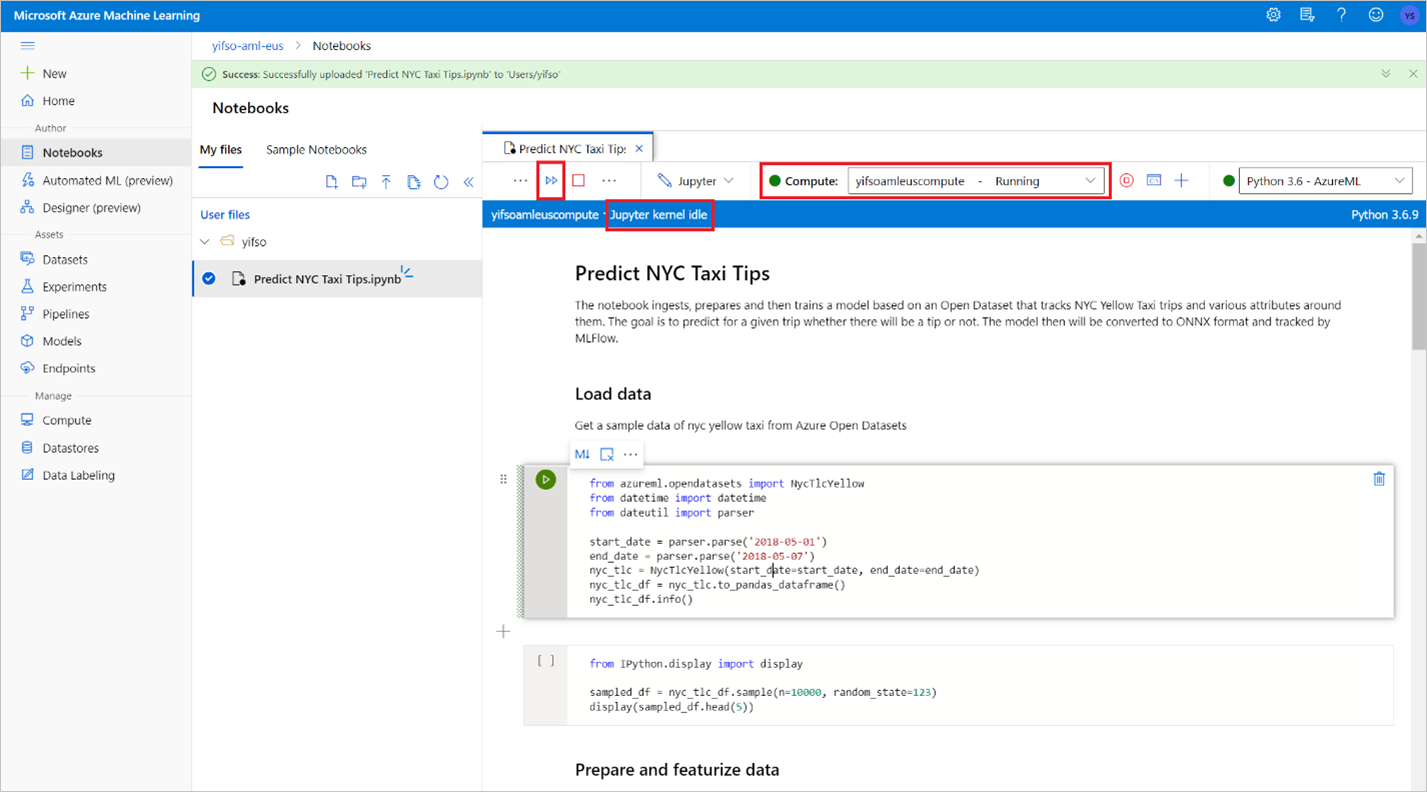 Azure Machine Learning コンピューティングの検証を示すスクリーンショット。