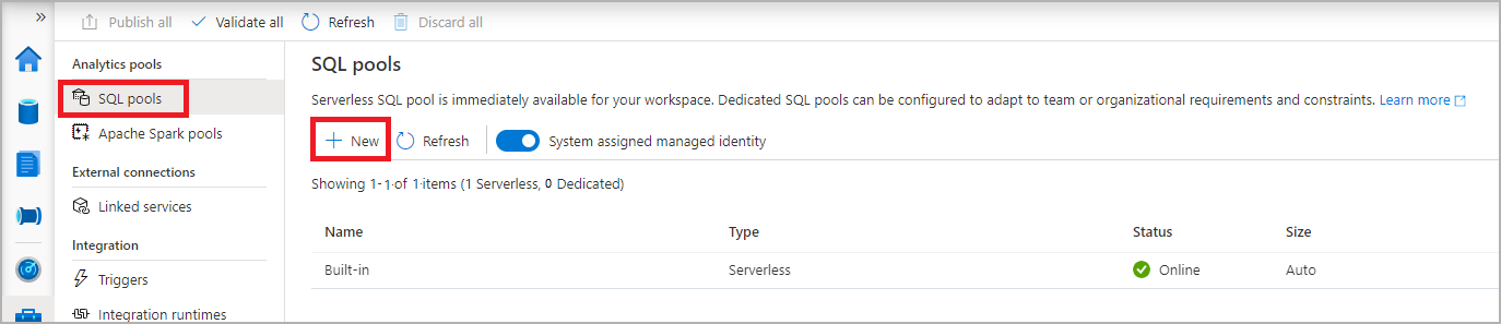 SQL プールの Synapse Studio 管理ハブの一覧のスクリーンショット。