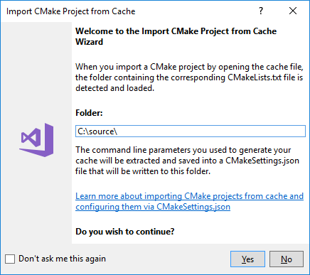 キャッシュからの C プロジェクトのインポート ウィザードのスクリーンショット。インポートする C Make プロジェクトのディレクトリ パスがフォルダー テキスト ボックスに表示されます。