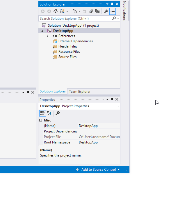 Visual Studio 2015 で DesktopApp プロジェクトに新しい項目を追加することを示すアニメーション。
