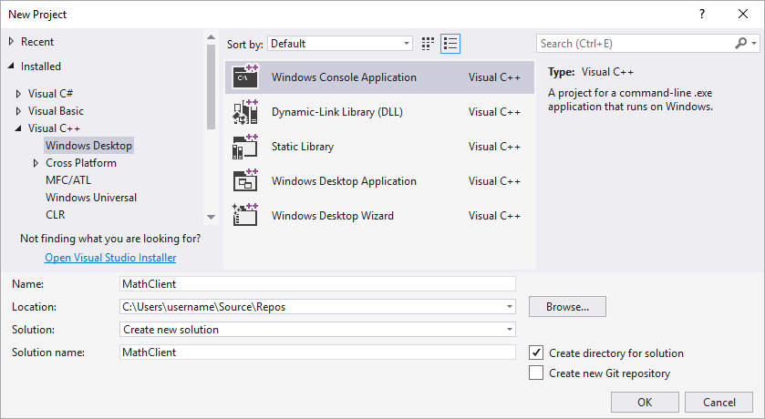 Windows コンソール アプリケーションが強調表示され、[名前] テキスト ボックスに Math Client が入力されている [新しいプロジェクト] ダイアログ ボックスのスクリーンショット。