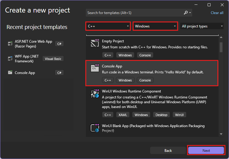 コンソール アプリが強調表示された Visual Studio の [新しいプロジェクトの作成] ダイアログのスクリーンショット。