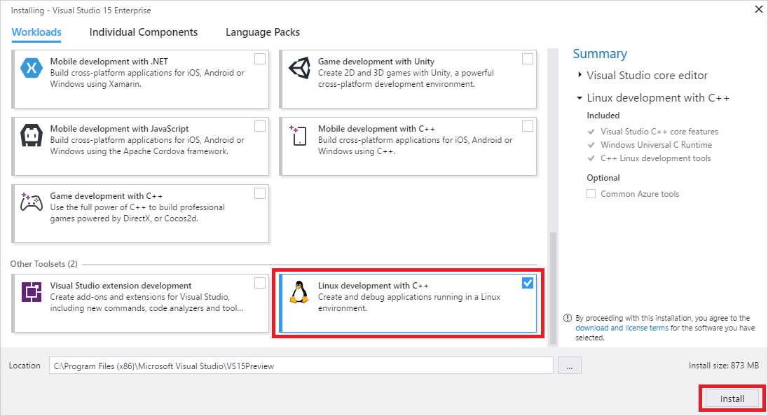 Visual Studio インストーラーの Visual C++ for Linux Development ワークロード項目が強調されているスクリーンショット。
