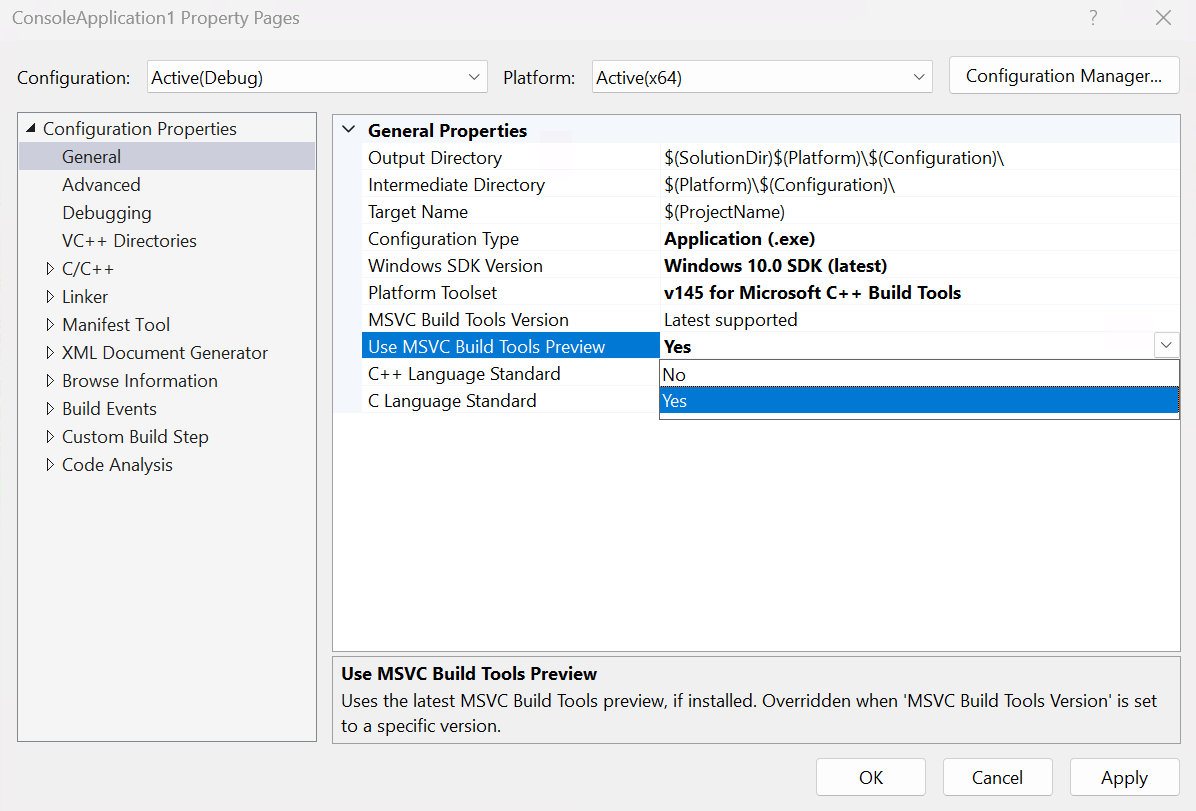 [MSVC ビルド ツールのプレビューを使用] プロパティが [はい] に設定されている [全般] > C++ プロジェクト のプロパティ ページのスクリーンショット。