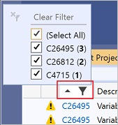 エラー一覧のコード分析フィルターのスクリーンショット。