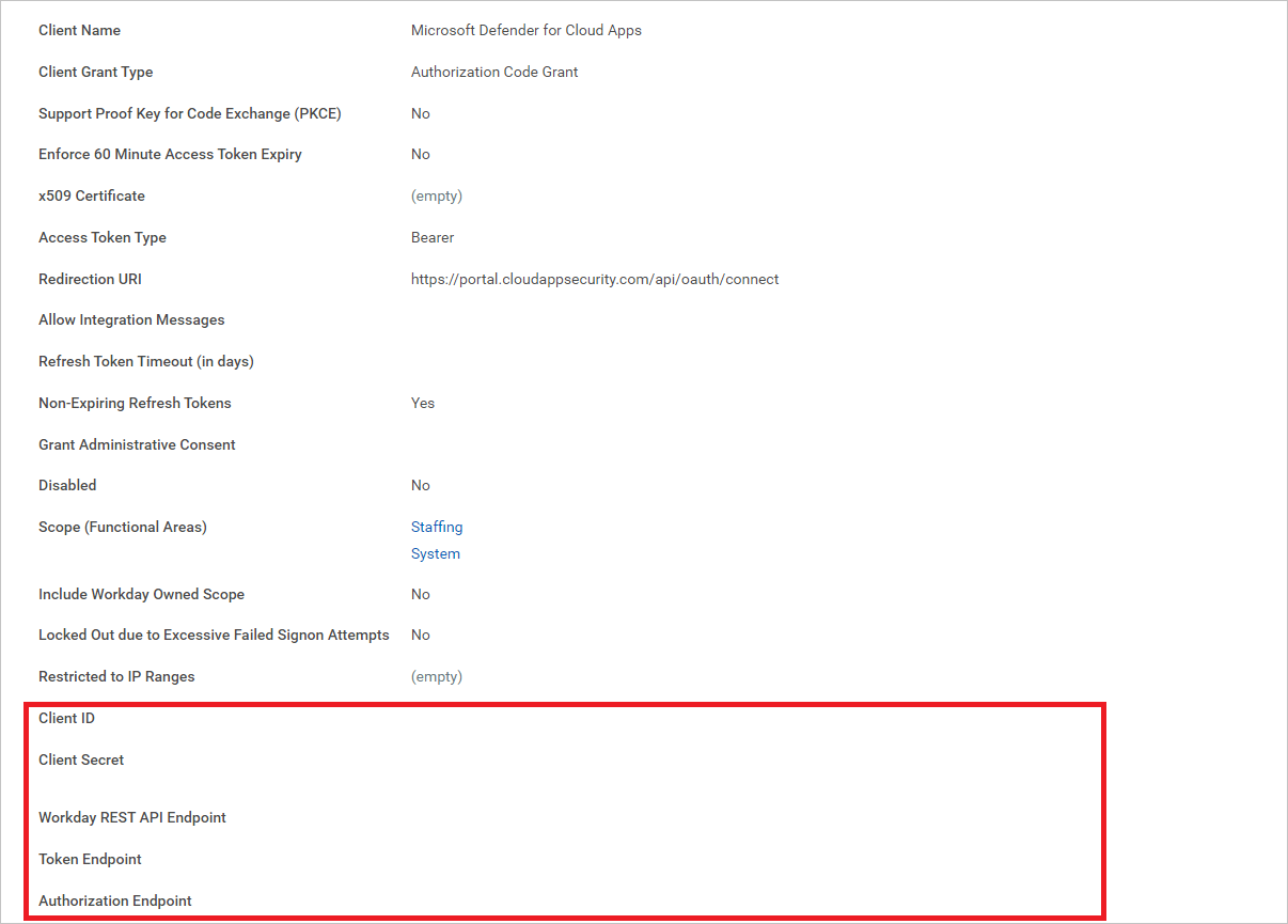 クライアント ID、クライアント シークレット、エンドポイントの値を示す Workday API クライアント登録確認のスクリーンショット。