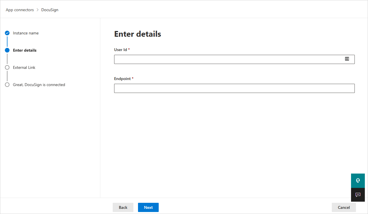 DocuSign ユーザー ID とエンドポイントの詳細を入力するフィールドのスクリーンショット。