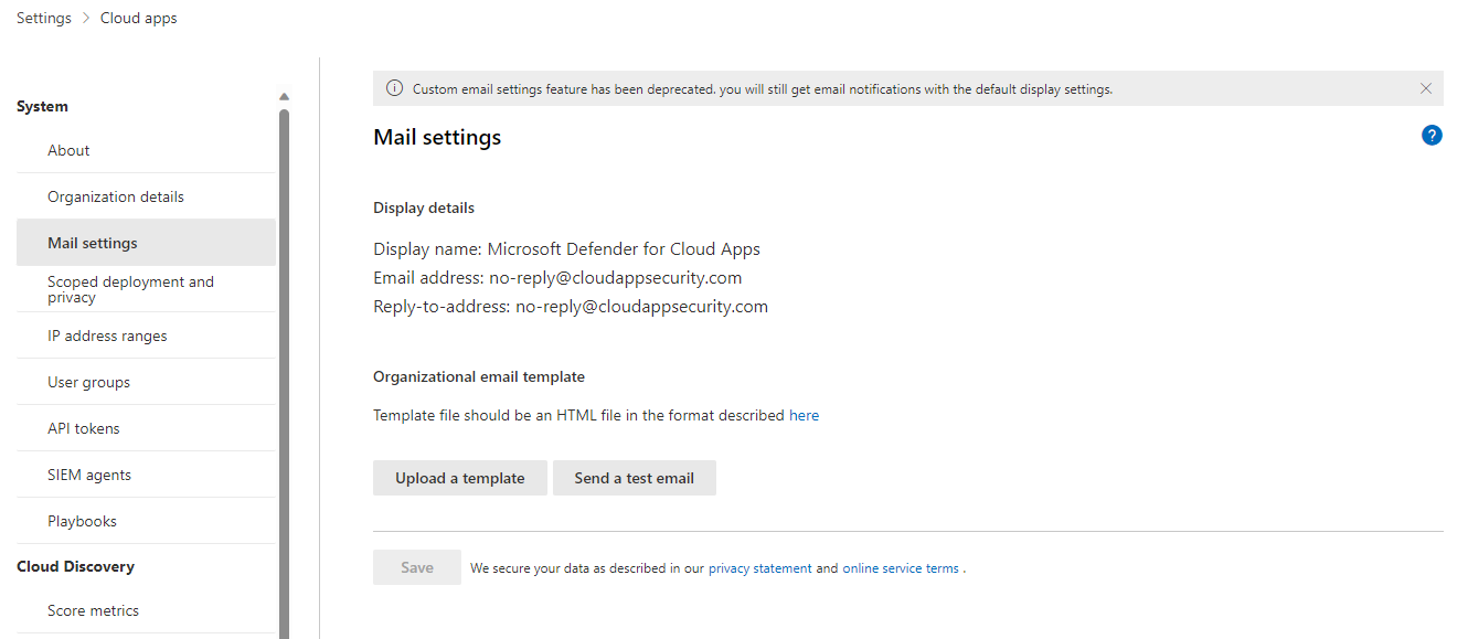 Microsoft Defender ポータルの [メール設定] タブのスクリーンショット。