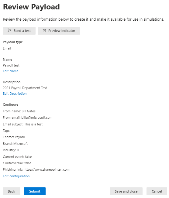 Microsoft Defender ポータルの攻撃シミュレーション トレーニングの [ペイロードの確認] ページ