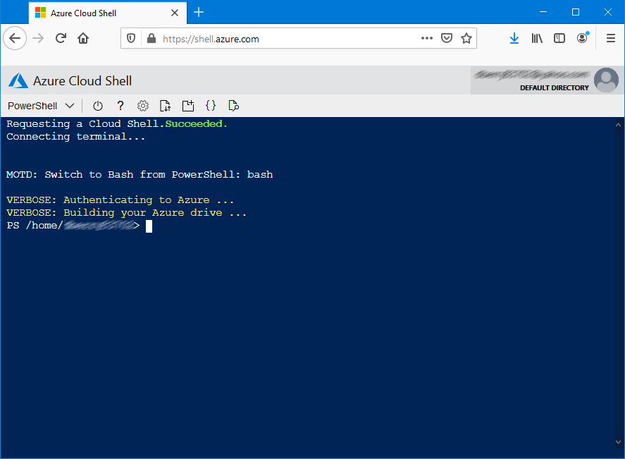 ブラウザーで実行されている Azure Cloud Shell のスクリーンショット