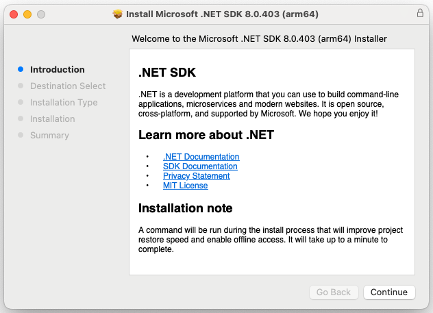 macOS で実行されている .NET インストーラーだけを示すスクリーンショット。