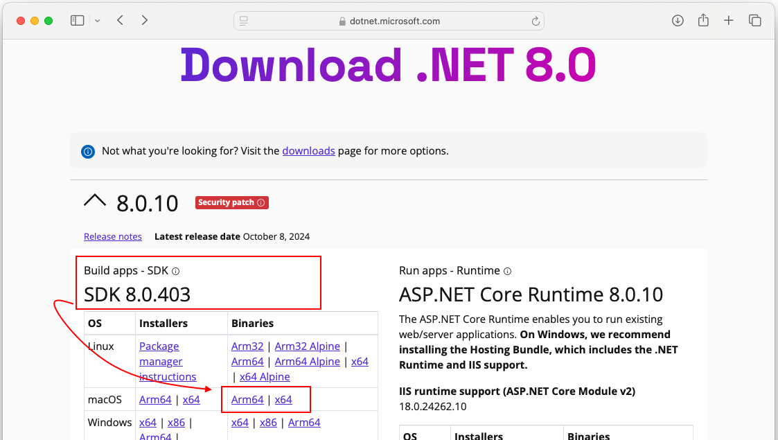  SDK のダウンロード リンクを示す.NETダウンロード Web サイト。SDK ヘッダーが赤いボックスで強調表示されています。このボックスには、macOS セクションを指す矢印があります。