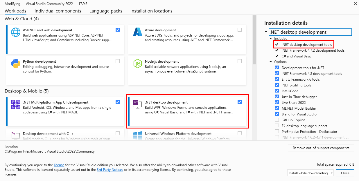 Visual Studioインストーラーのスクリーンショットで、.NET Desktopワークロードが赤いボックスで強調表示されています。