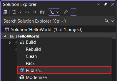 Visual Studio パブリッシュ コンテキスト メニュー.