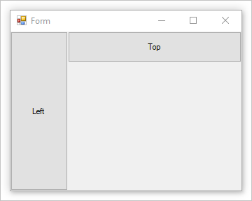 左と上にボタンがドッキングされた Windows フォームで、左のボタンがより大きい。