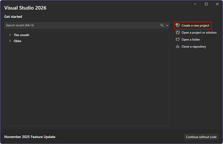 Visual Studio 2026 の開始ダイアログのスクリーンショットです。「新しいプロジェクトの作成」ボタンが赤いボックスで強調表示されています。