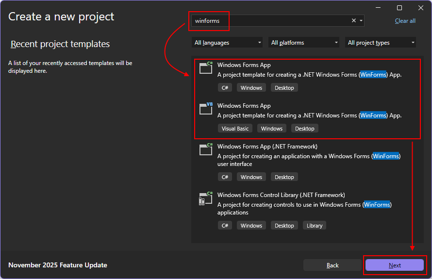検索ボックスに 'winforms' が表示され、Windows フォームアプリ テンプレートが強調表示されたVisual Studioの [新しいプロジェクトの作成] ダイアログのスクリーンショット。