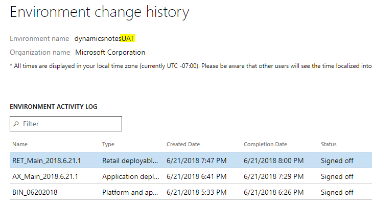 UAT の環境変更履歴のスクリーンショット。