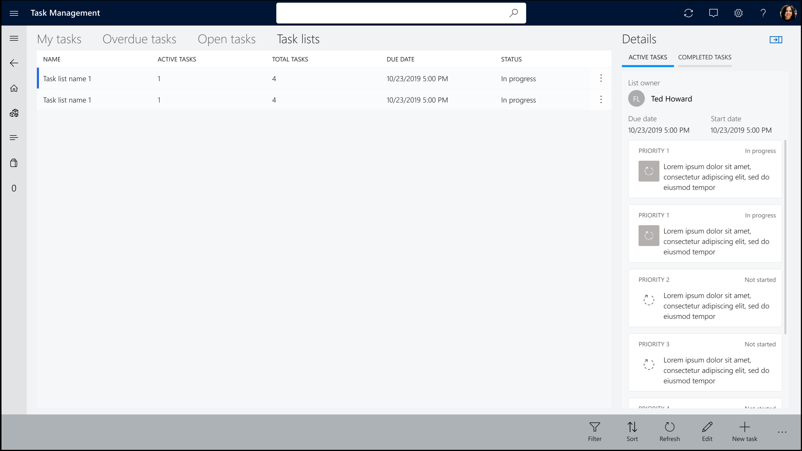Commerce POS アプリケーションの [タスク リスト] タブのスクリーンショット。
