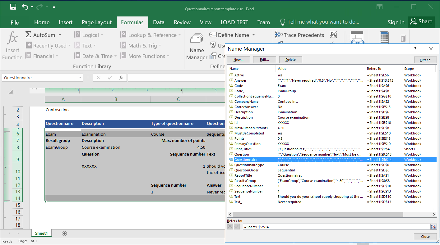 レコード リスト データ ソースのすべてのレコードに対して生成されたレポートで繰り返されるExcel テンプレート内の行のスクリーンショット。