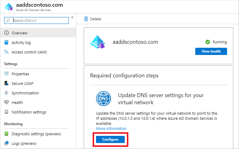 Microsoft Entra Domain Services IP アドレスを使用して仮想ネットワークの DNS 設定を構成する