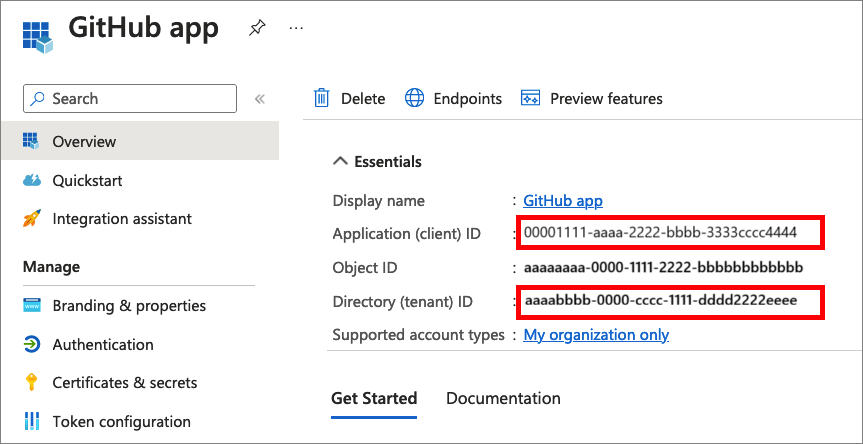 Microsoft Entra 管理センターからアプリケーション ID とテナント ID をコピーする方法を示すスクリーンショット。
