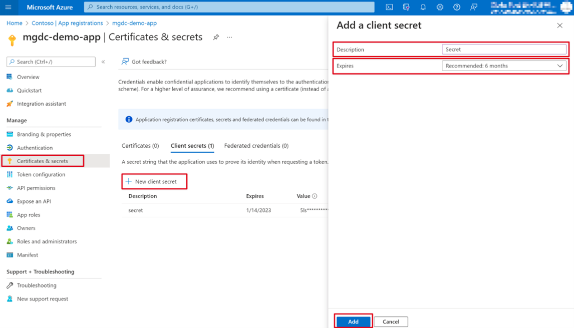 Azure portalで新しいクライアント シークレットを作成するプロセスを示すスクリーンショット。