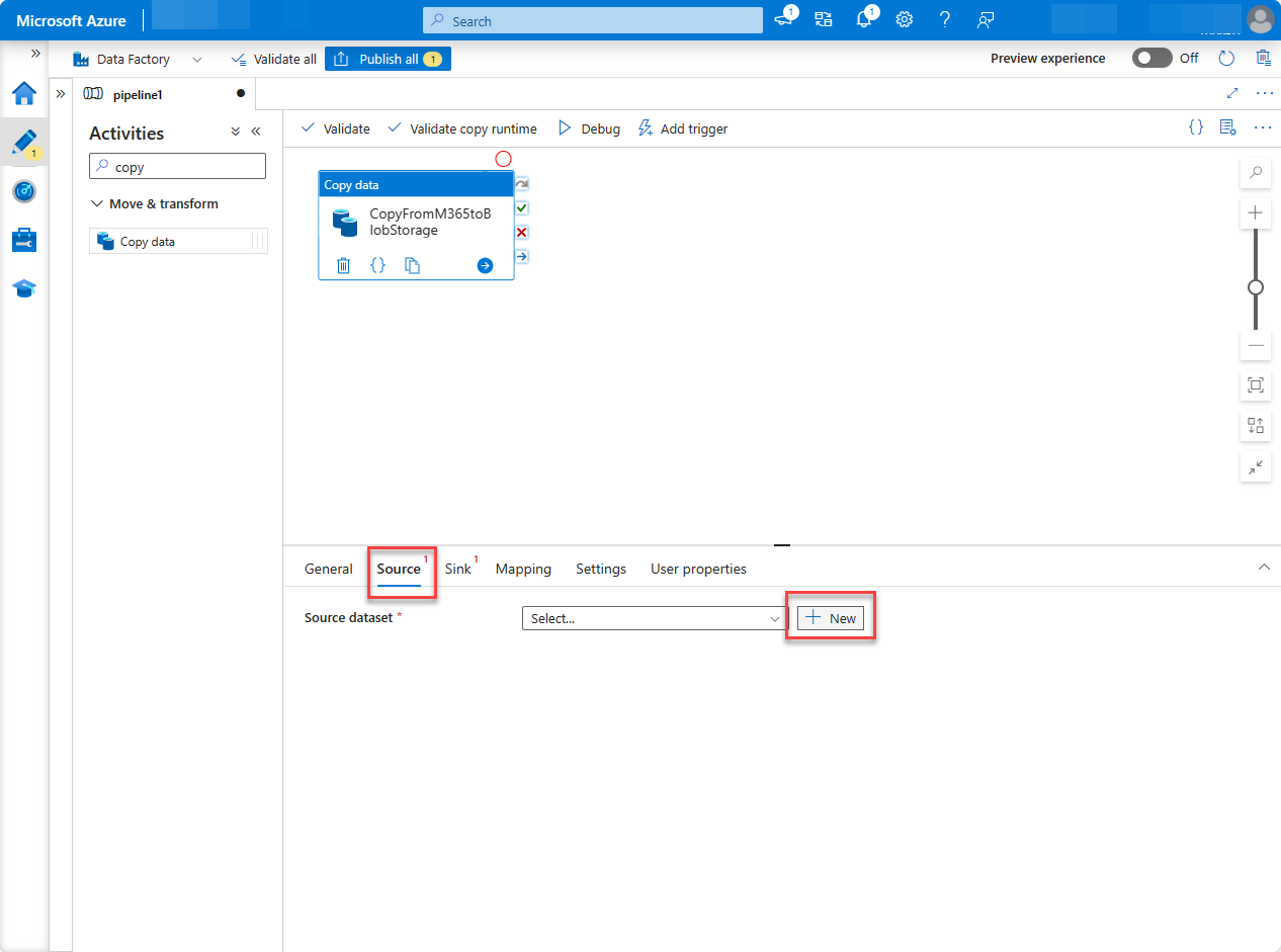 新しいパイプライン ソースを作成するAzure portal Data Factory サービス ページのスクリーンショット。