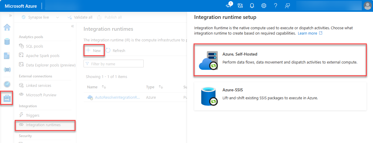 Azureが強調表示されている統合ランタイムのセットアップ Self-Hosted スクリーンショット。