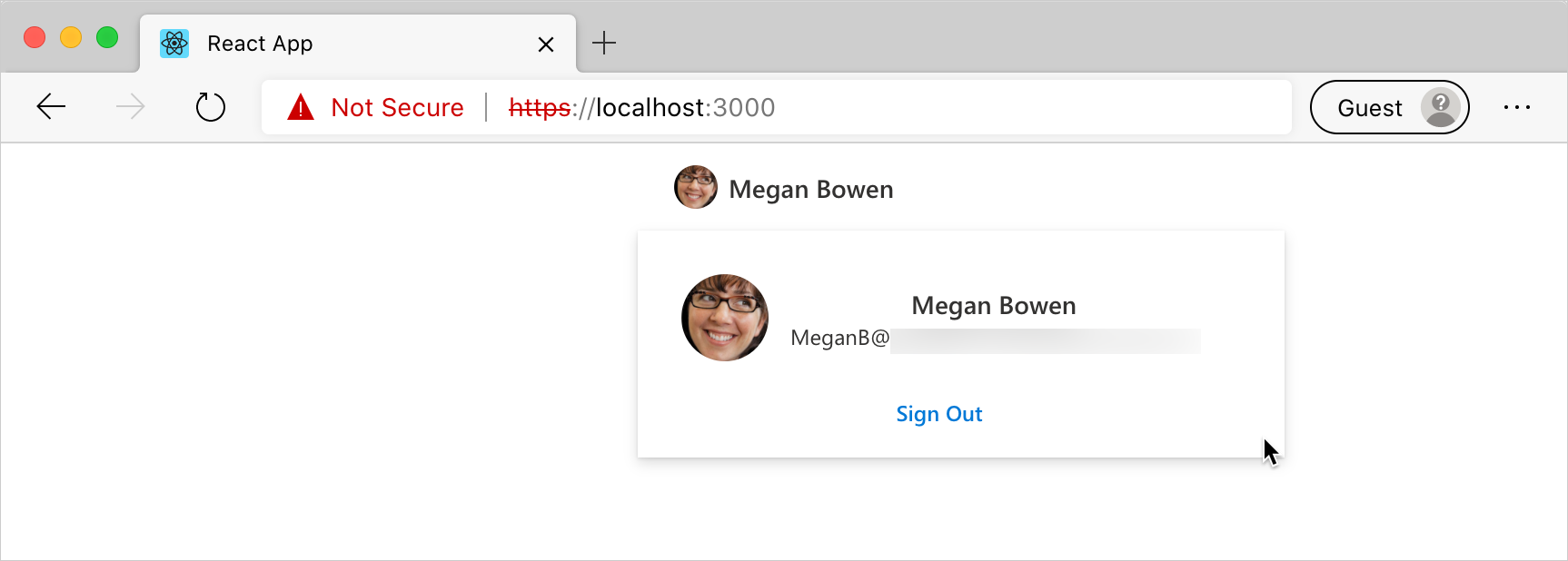 Microsoft Graph Toolkit を使用して Microsoft 365 から取得したユーザー情報を示すアプリReactユーザー