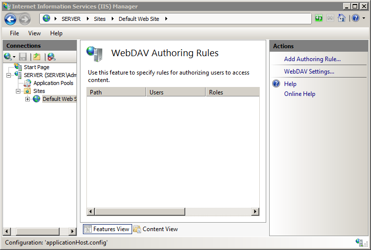 [ホーム] ウィンドウの Web DAV 作成ルール機能のスクリーンショット。[操作] ウィンドウに Web DAV 設定が表示されます。