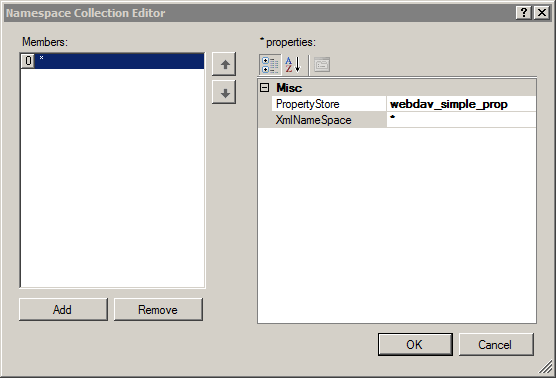 ドロップダウン リストから選択された Web dav dash simple dash prop を示す [名前空間コレクション エディター] ダイアログ ボックスのスクリーンショット。